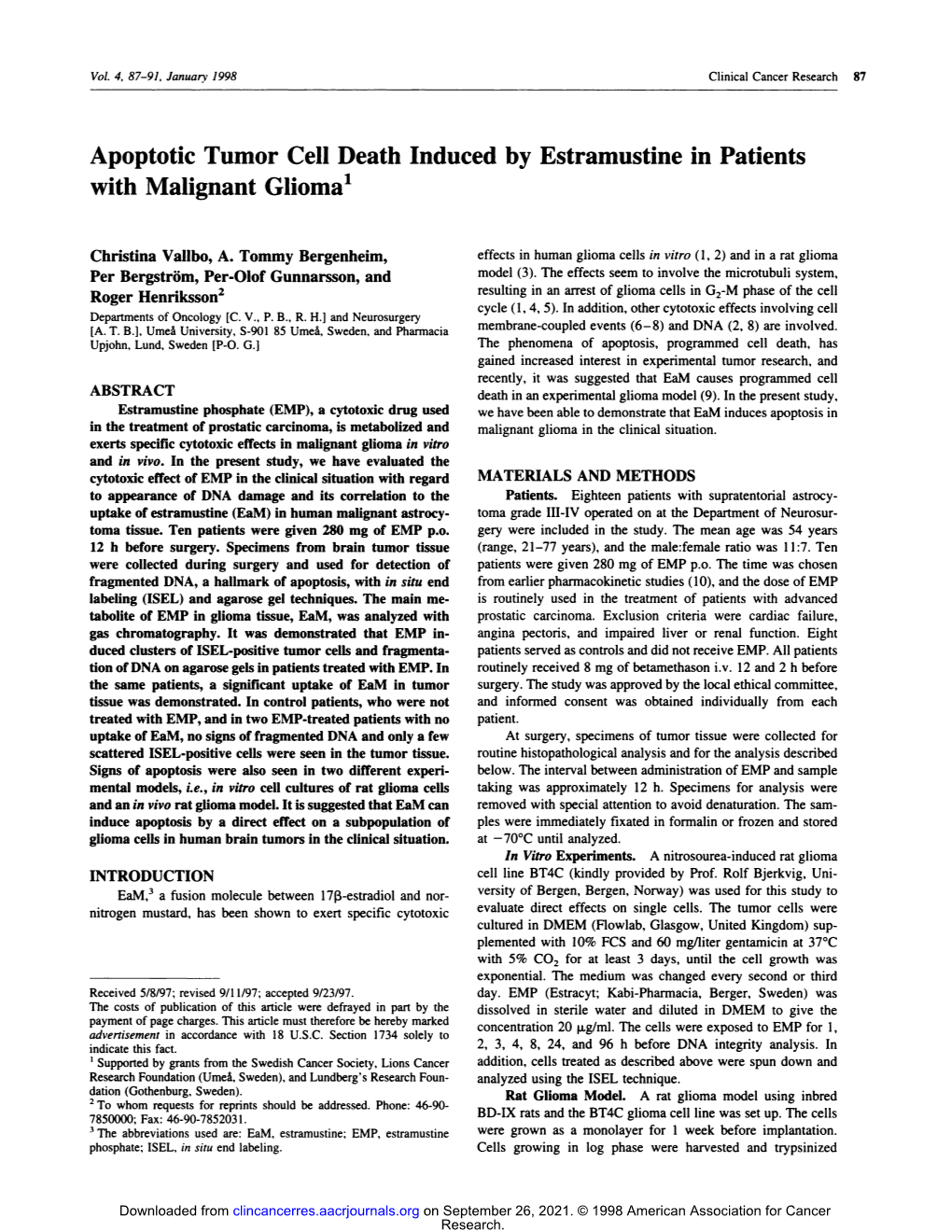 Apoptotic Tumor Cell Death Induced by Estramustine in Patients with Malignant Glioma1