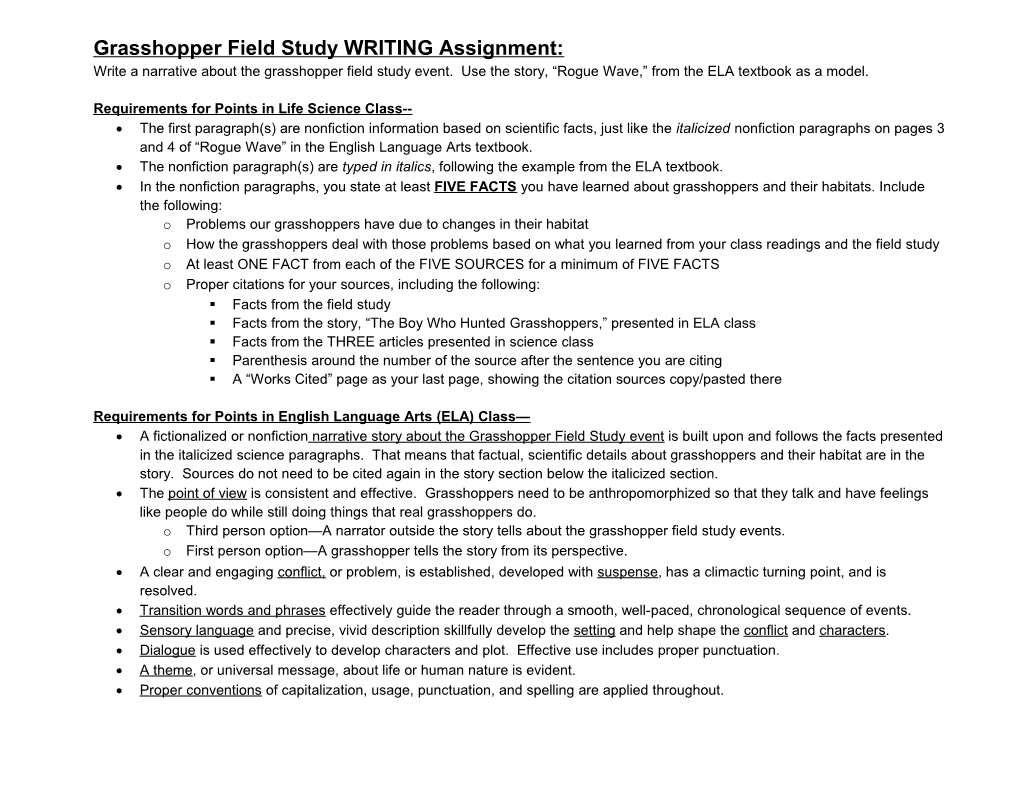 Grasshopper Field Study WRITING Assignment