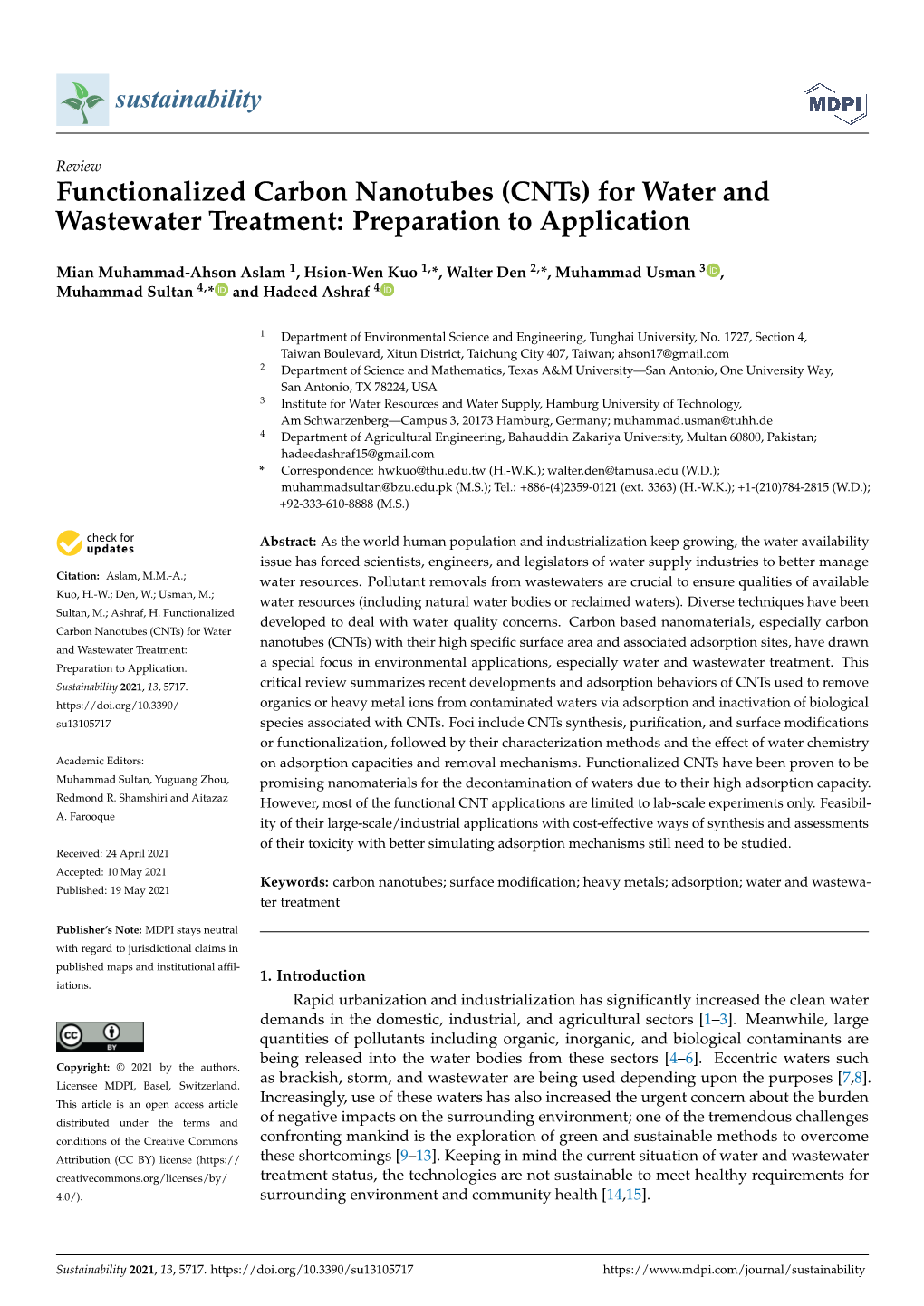 Functionalized Carbon Nanotubes (Cnts) for Water and Wastewater Treatment: Preparation to Application