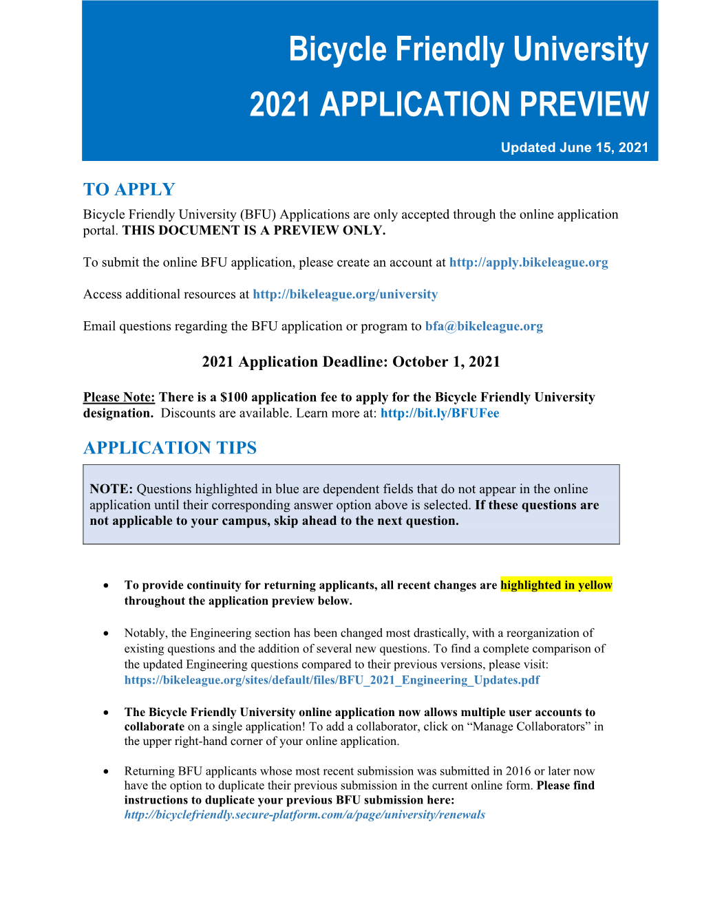 Bicycle Friendly University 2021 APPLICATION PREVIEW