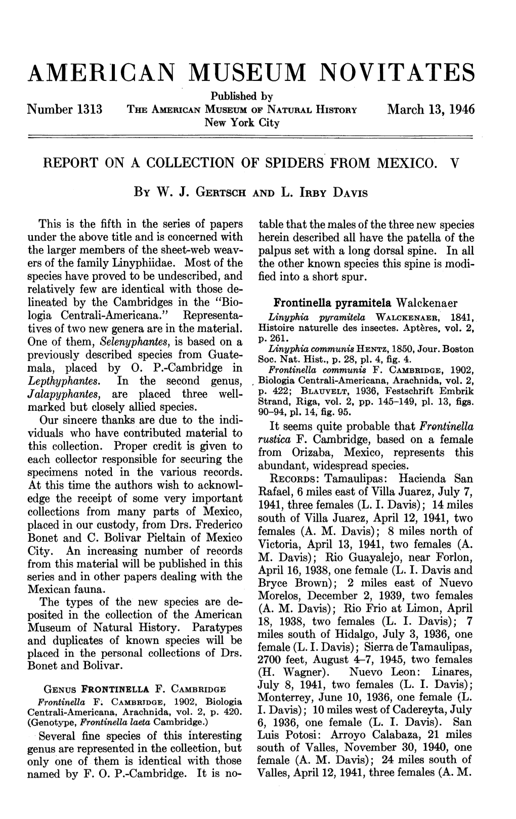 AMERICAN MUSEUM NOVITATES Published by Number 1313 the AMERICAN MUSEUM of NATURAL HISTORY March 13, 1946 New York City