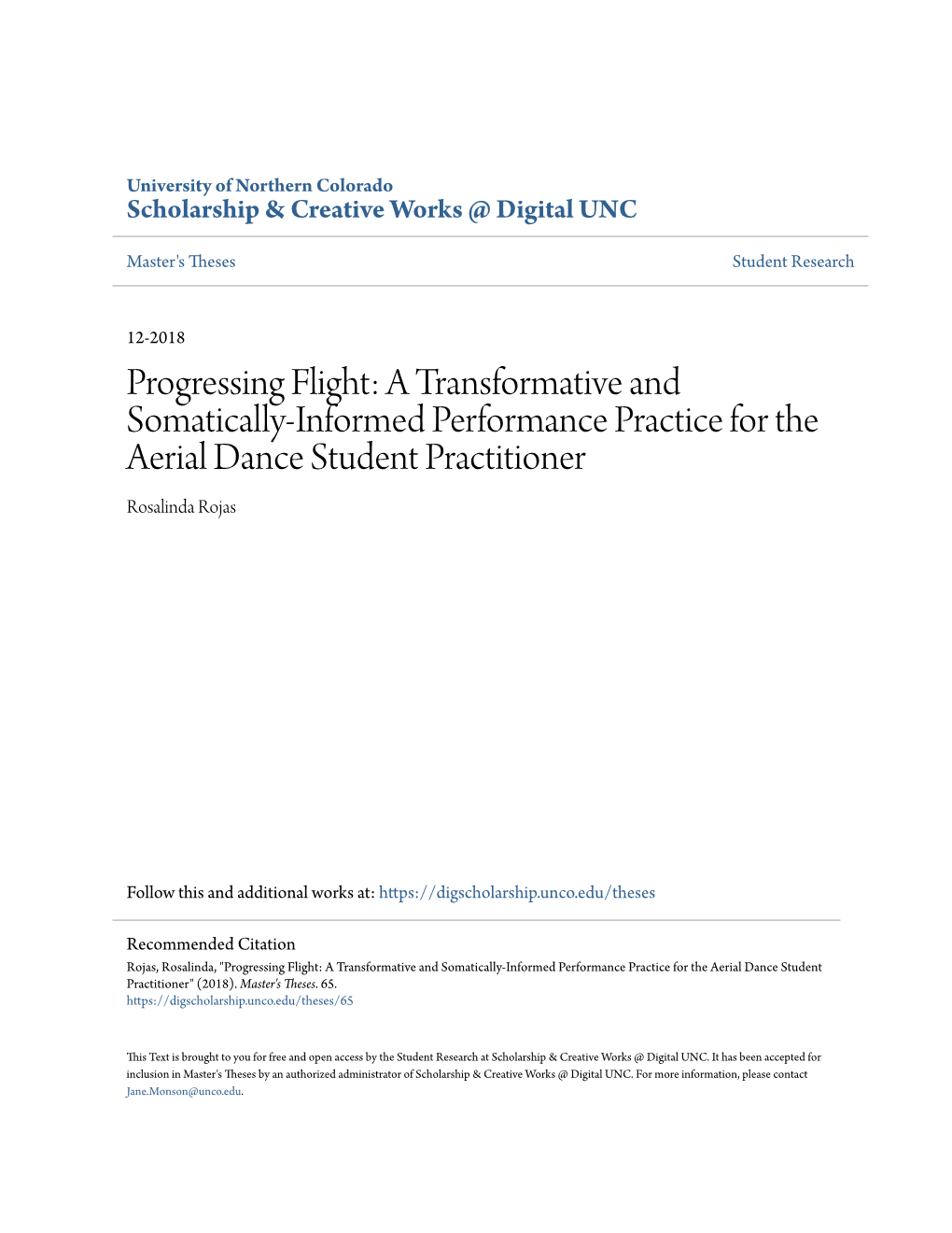 A Transformative and Somatically-Informed Performance Practice for the Aerial Dance Student Practitioner Rosalinda Rojas