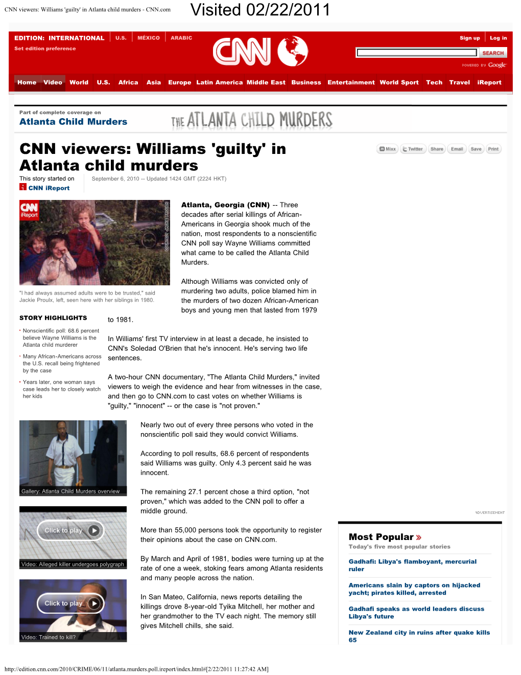 CNN Viewers: Williams 'Guilty' in Atlanta Child Murders - CNN.Com Visited 02/22/2011