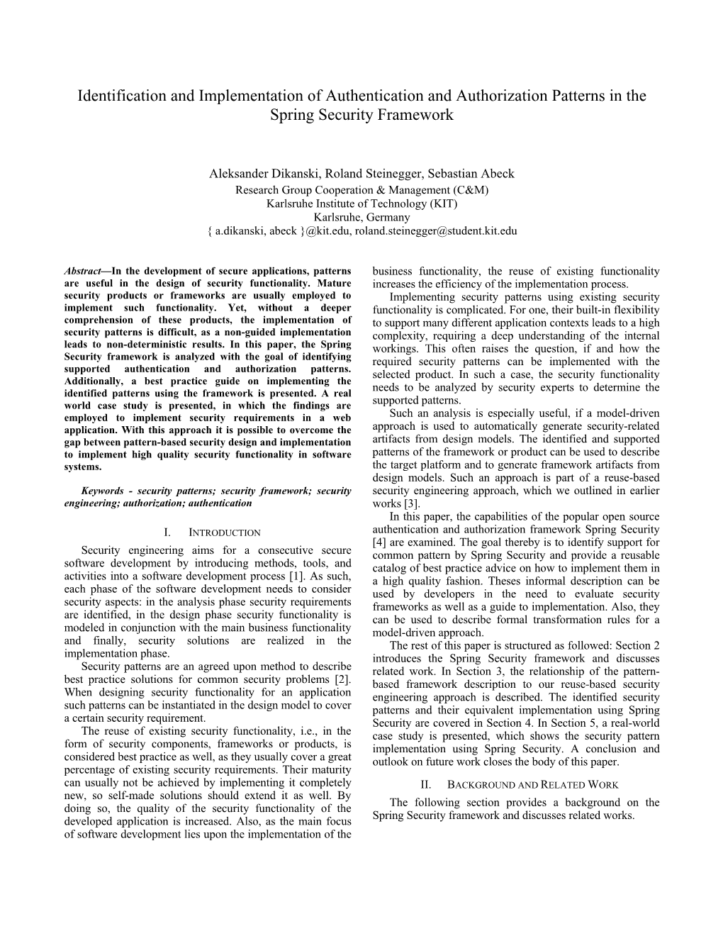 Identification and Implementation of Authentication and Authorization Patterns in the Spring Security Framework