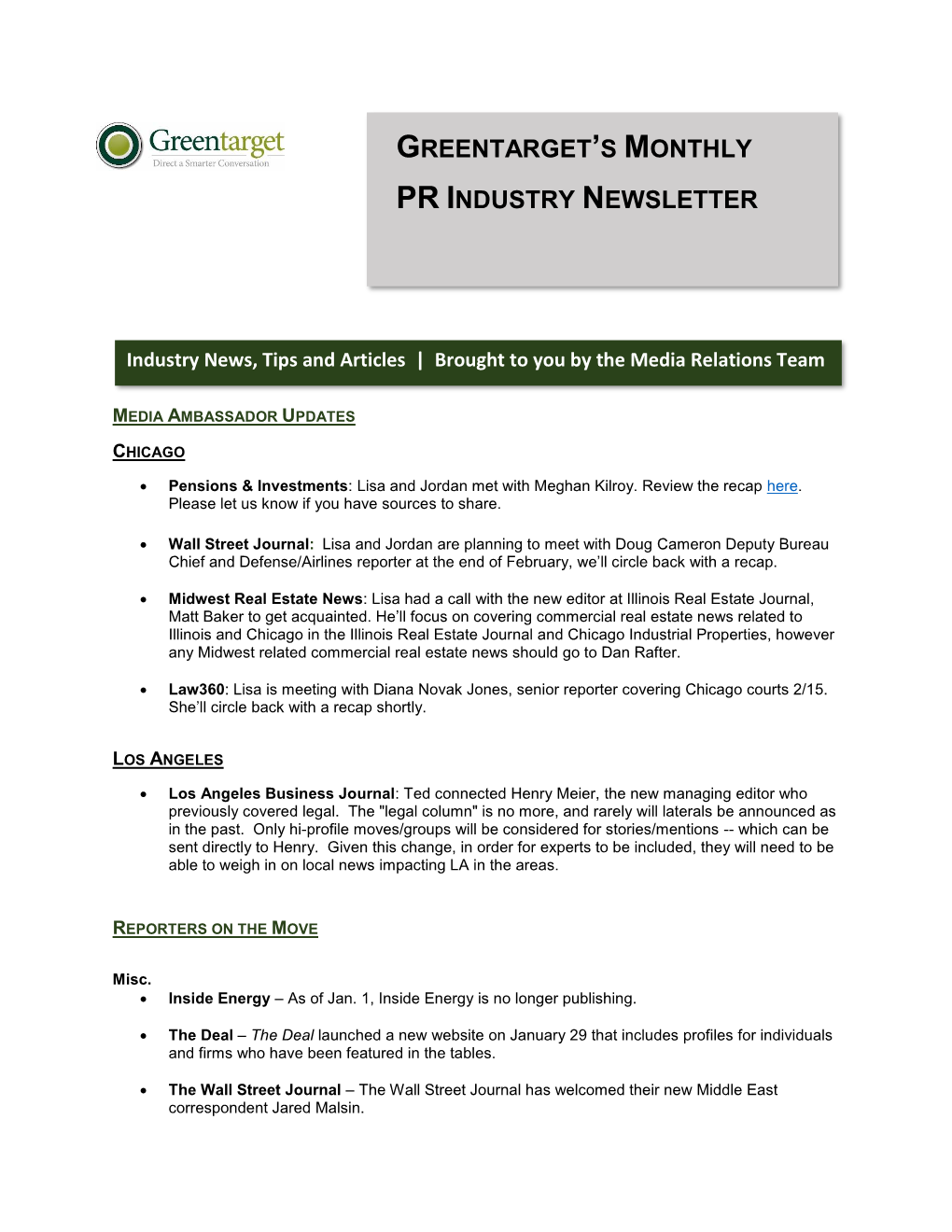 Greentarget's Monthly Pr Industry Newsletter