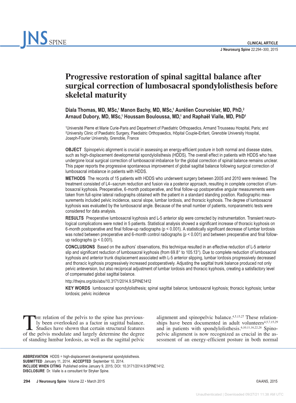 Progressive Restoration of Spinal Sagittal Balance After Surgical Correction of Lumbosacral Spondylolisthesis Before Skeletal Maturity