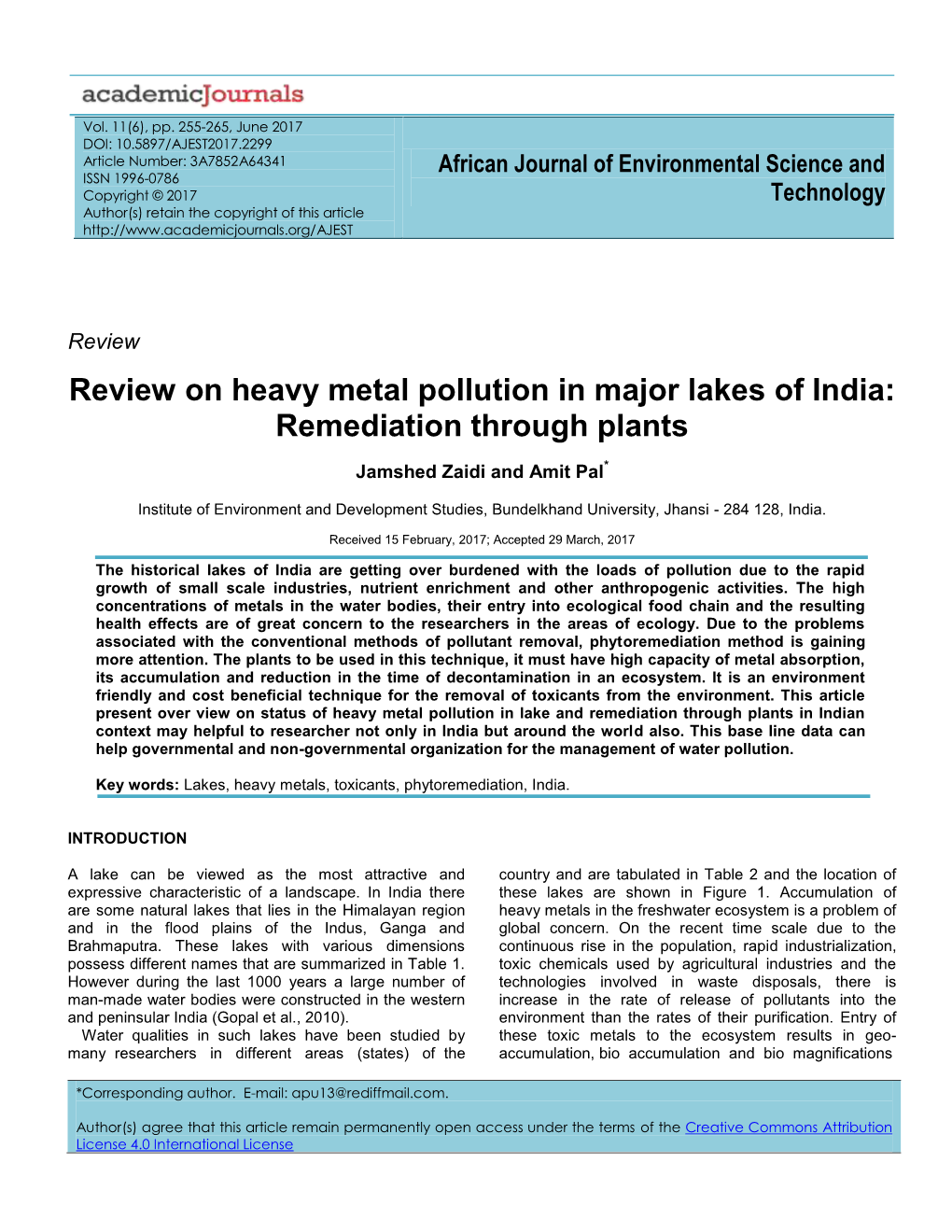 Review on Heavy Metal Pollution in Major Lakes of India: Remediation Through Plants