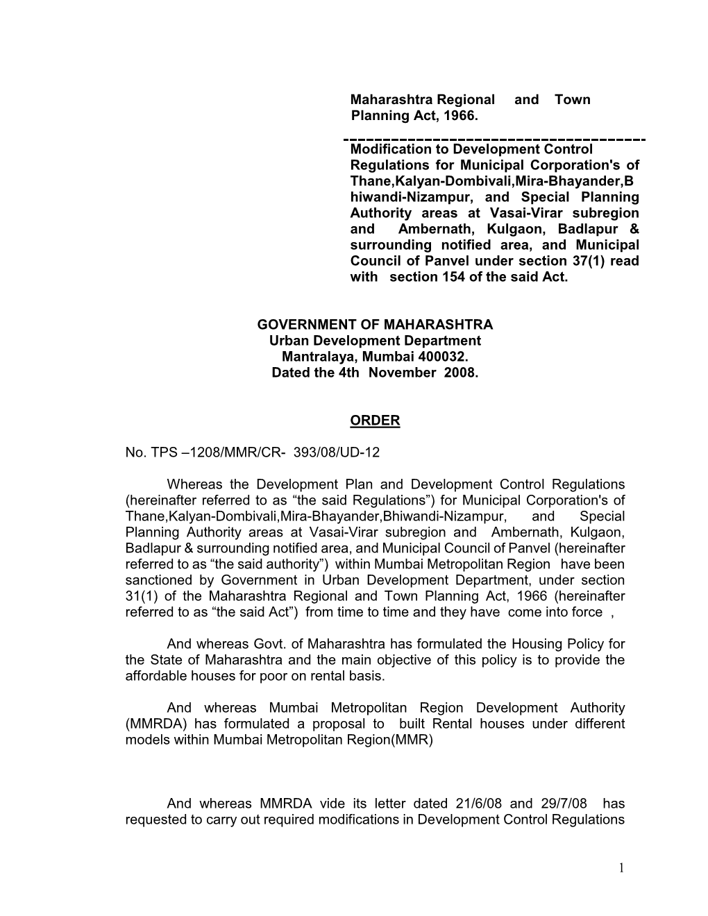 1 Maharashtra Regional and Town Planning Act, 1966. Modification To