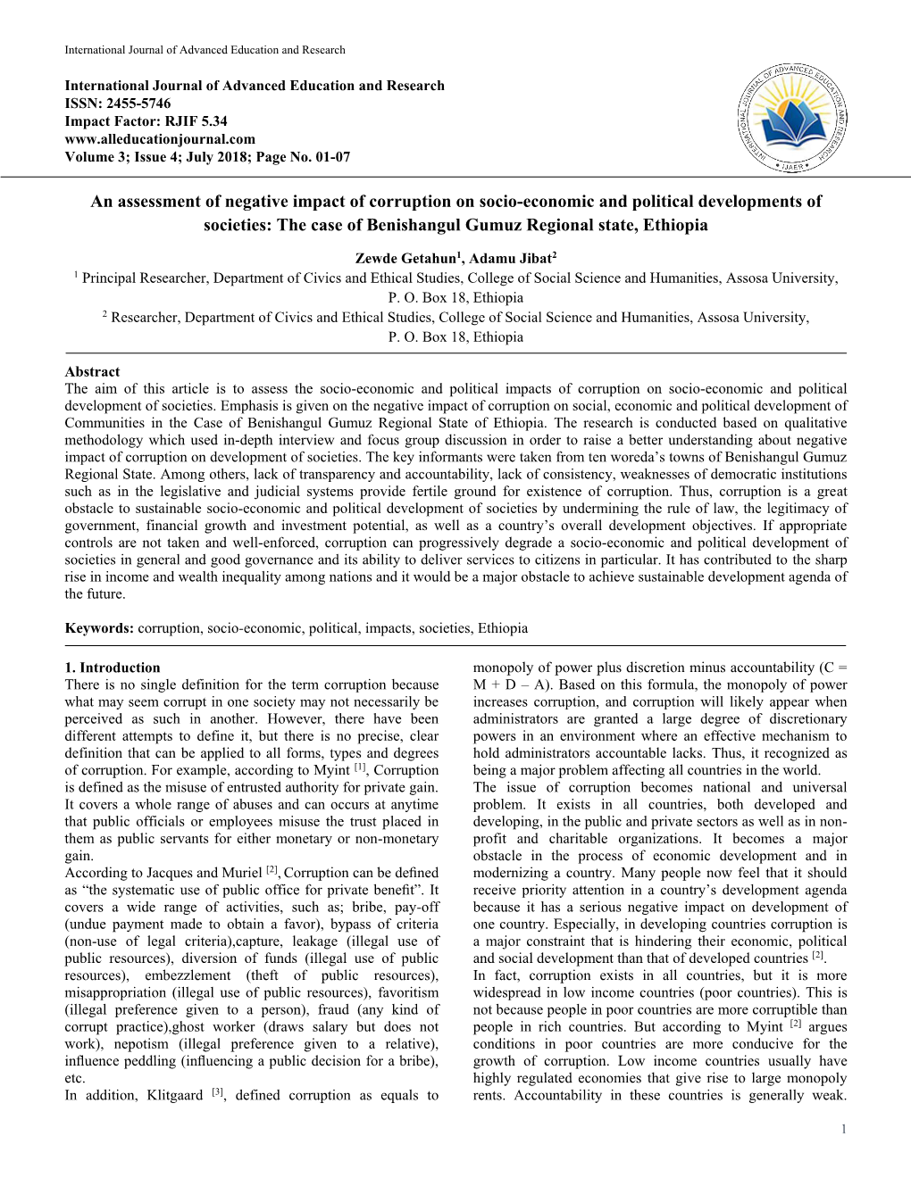 An Assessment of Negative Impact of Corruption on Socio-Economic and Political Developments of Societies: the Case of Benishangul Gumuz Regional State, Ethiopia