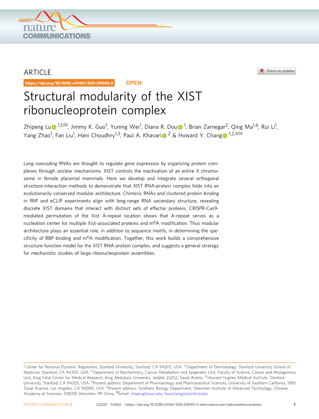Structural Modularity of the XIST Ribonucleoprotein Complex ✉ Zhipeng Lu 1,5 , Jimmy K