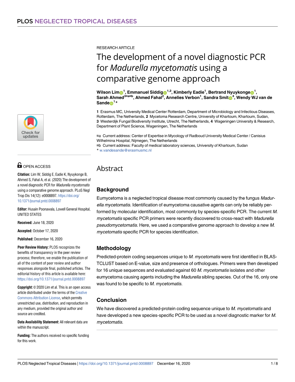 The Development of a Novel Diagnostic PCR for Madurella Mycetomatis Using a Comparative Genome Approach