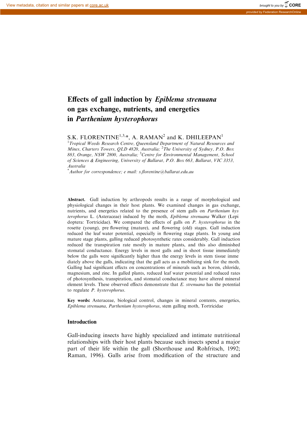Effects of Gall Induction by Epiblema Strenuana on Gas Exchange