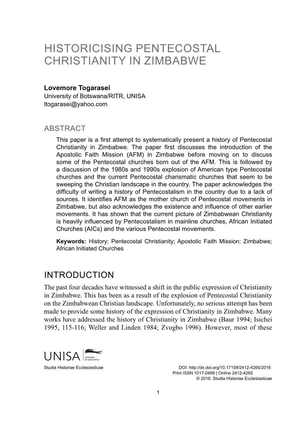 Historicising Pentecostal Christianity in Zimbabwe