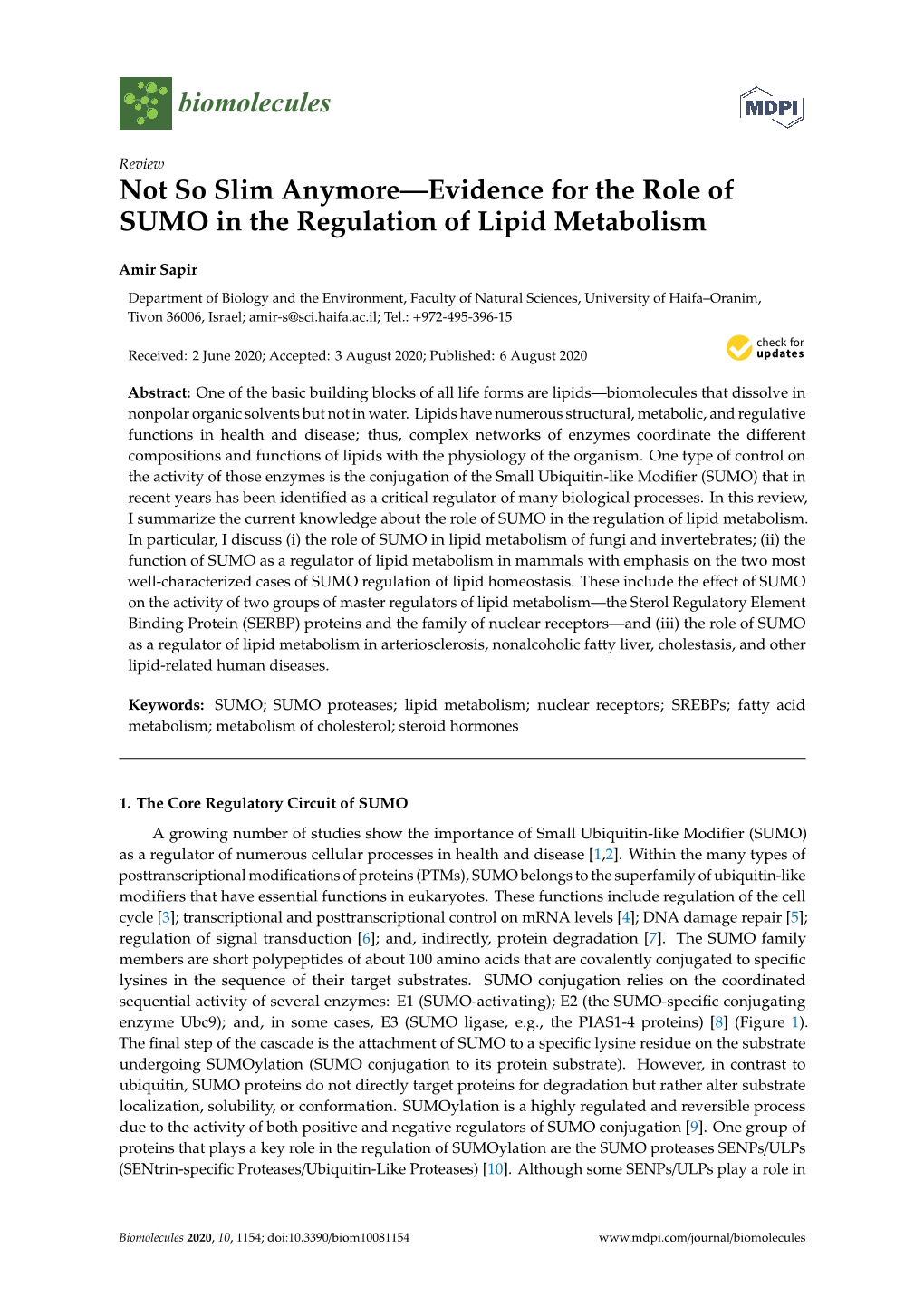 Not So Slim Anymore—Evidence for the Role of SUMO in the Regulation of Lipid Metabolism