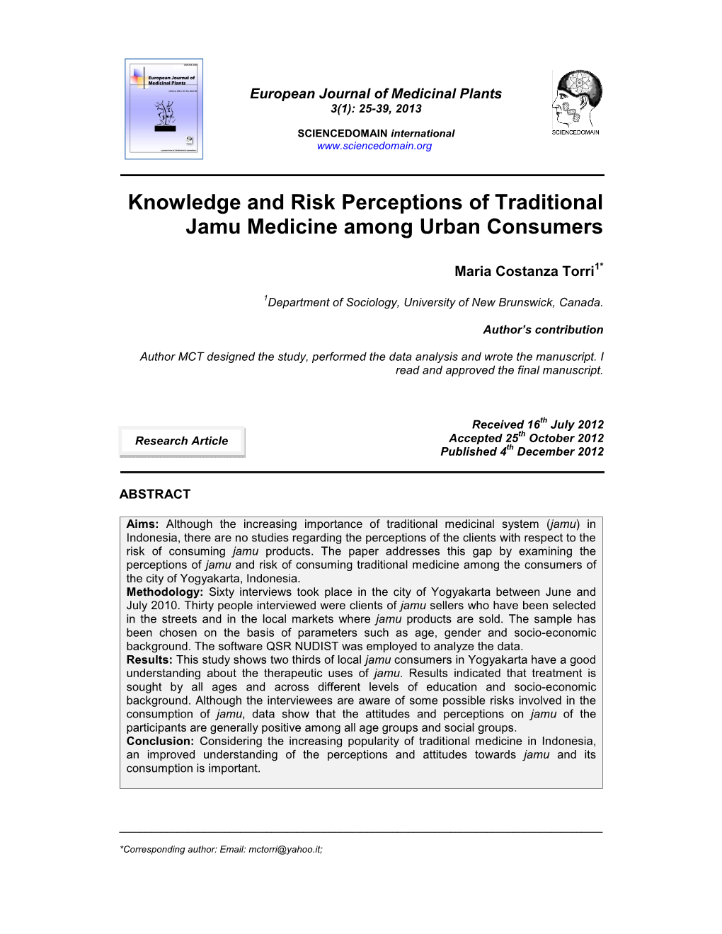 Knowledge and Risk Perceptions of Traditional Jamu Medicine Among Urban Consumers