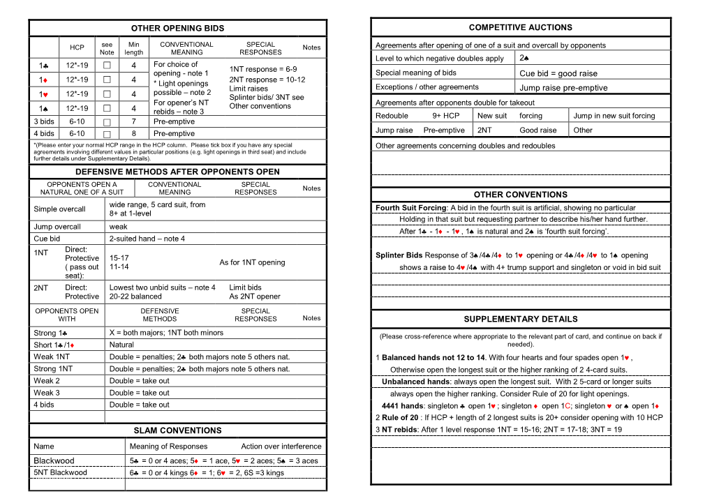 Standard English Acol – Modern Acol Contracts H X X X H X X X X H X X X X X X X X X X X X X X