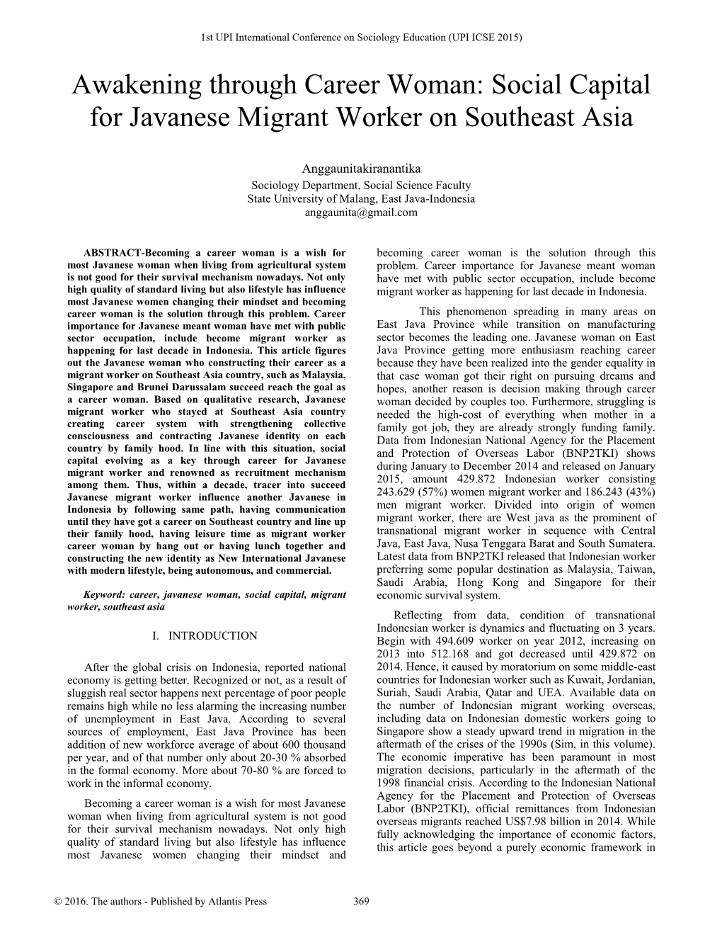 Social Capital for Javanese Migrant Worker on Southeast Asia