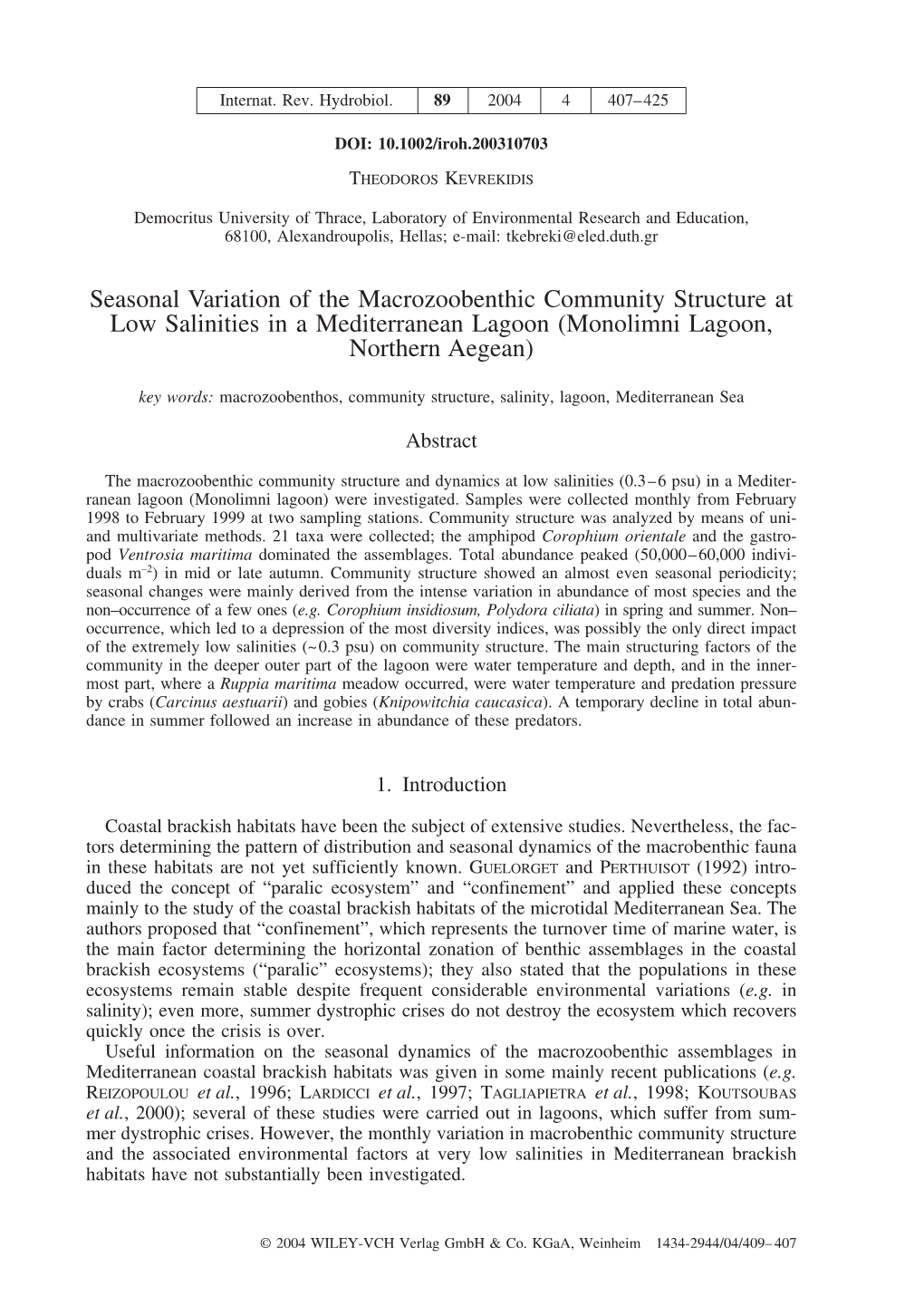 Seasonal Variation of the Macrozoobenthic Community Structure at Low Salinities in a Mediterranean Lagoon (Monolimni Lagoon, Northern Aegean)