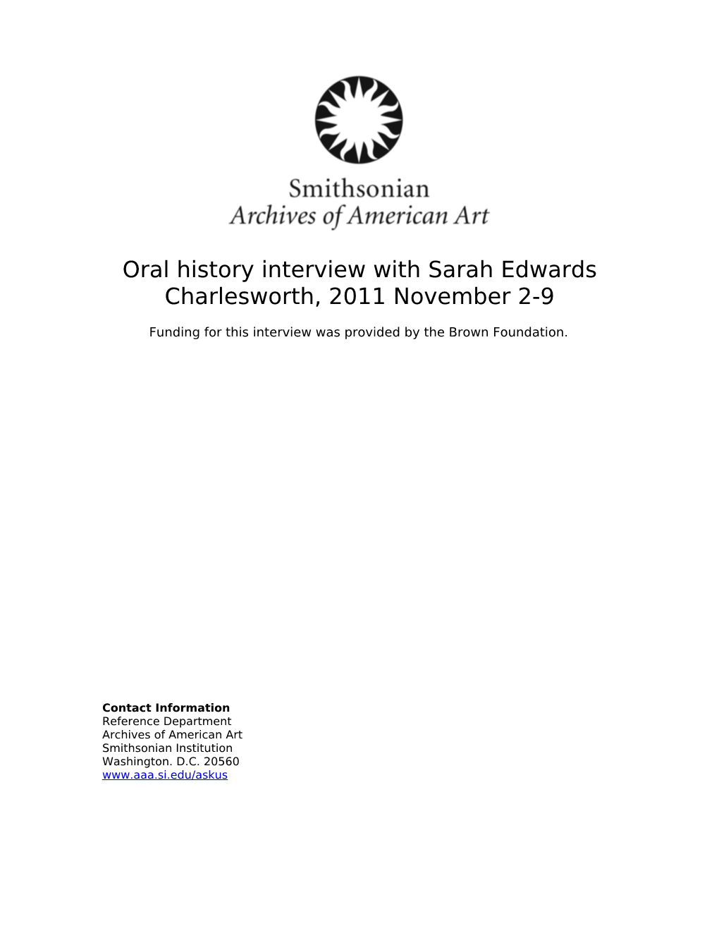 Oral History Interview with Sarah Edwards Charlesworth, 2011 November 2-9