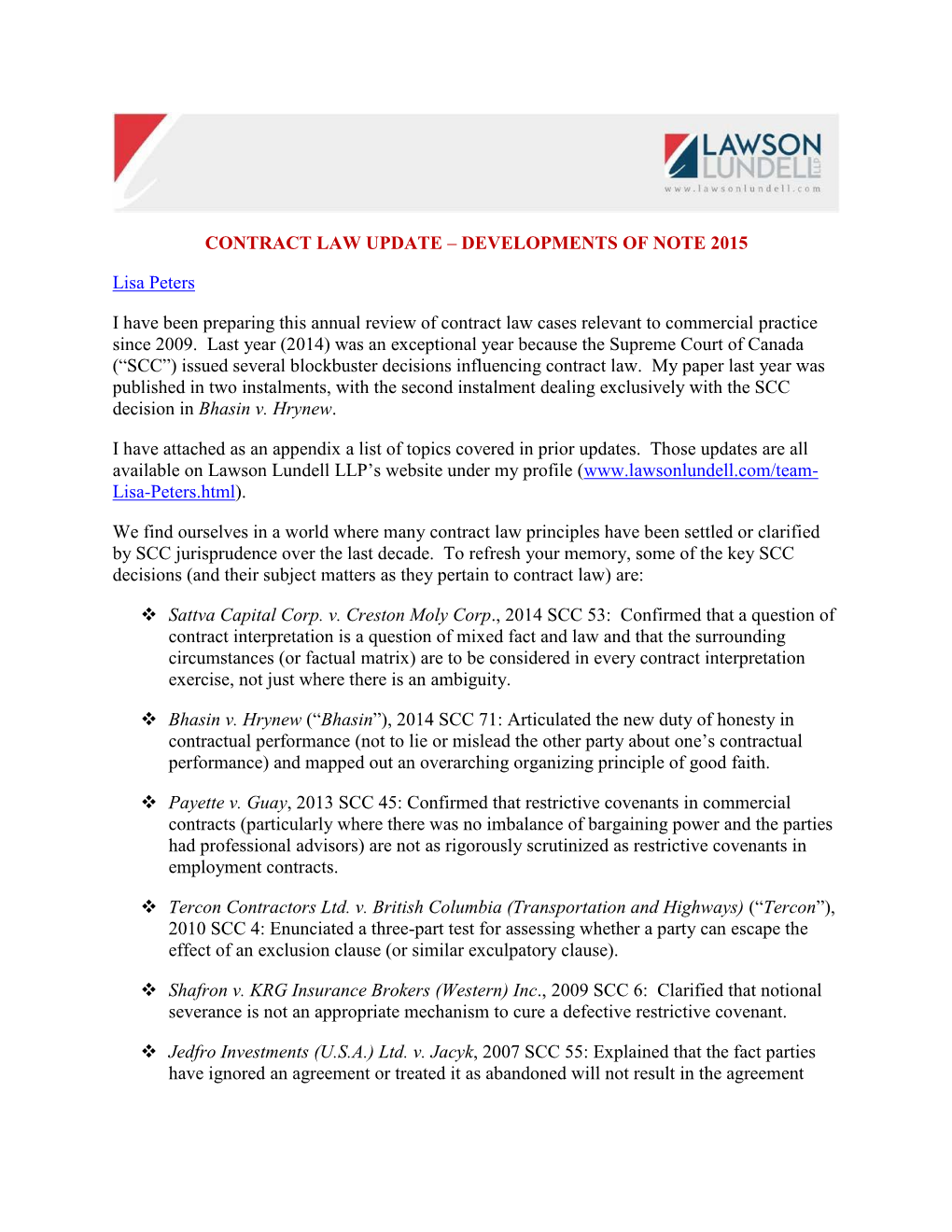 Contract Law Update – Developments of Note 2015