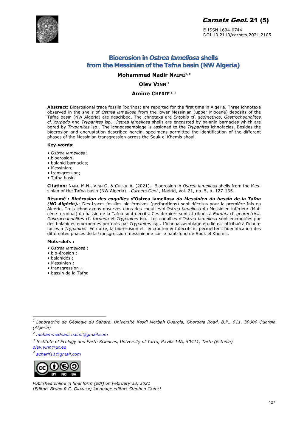 Bioerosion in Ostrea Lamellosa Shells from the Messinian of the Tafna Basin (NW Algeria)