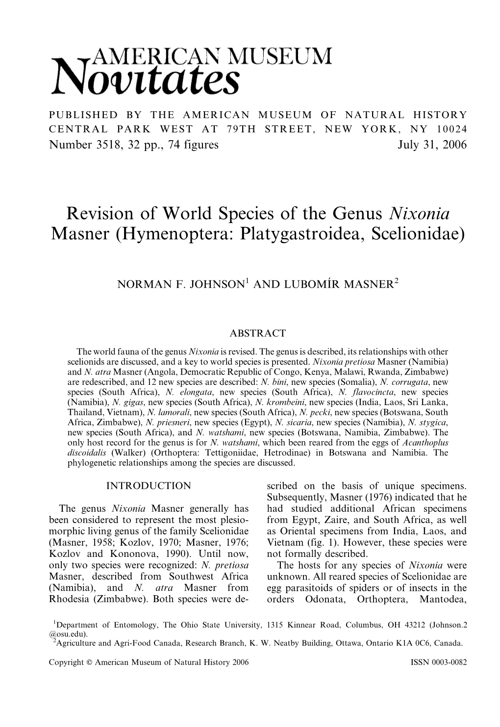 Revision of World Species of the Genus Nixonia Masner (Hymenoptera: Platygastroidea, Scelionidae)