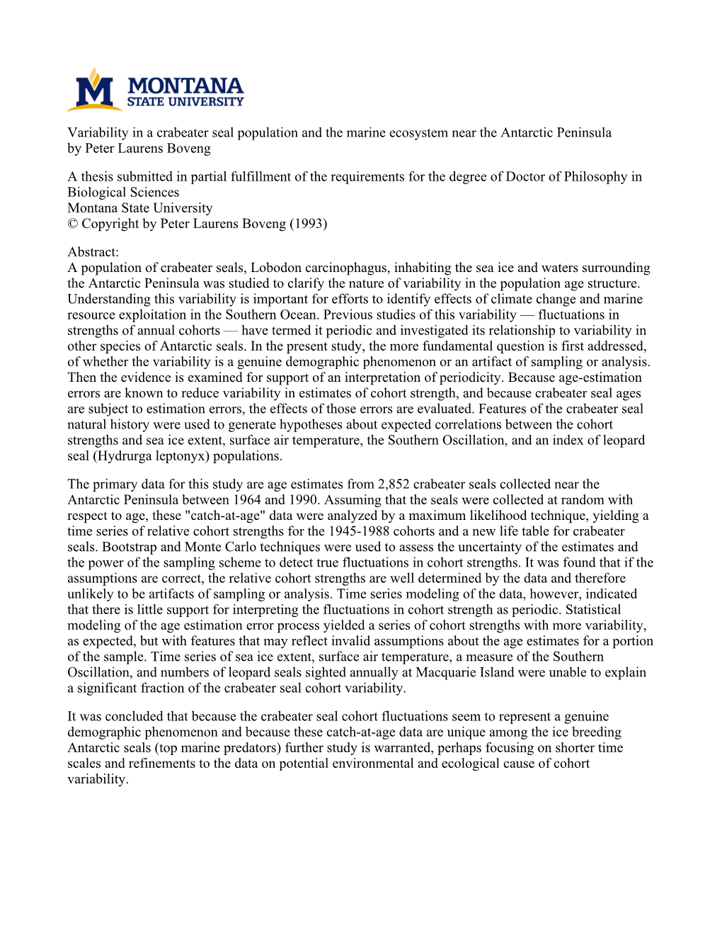 Variability in a Crabeater Seal Population and the Marine Ecosystem Near the Antarctic Peninsula by Peter Laurens Boveng a Thesi