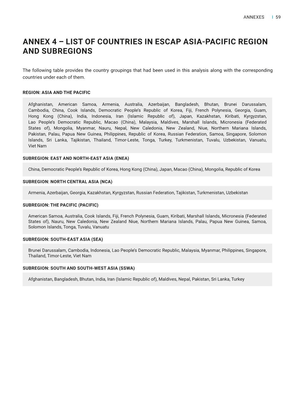 Annex 4 – List of Countries in Escap Asia-Pacific Region and Subregions