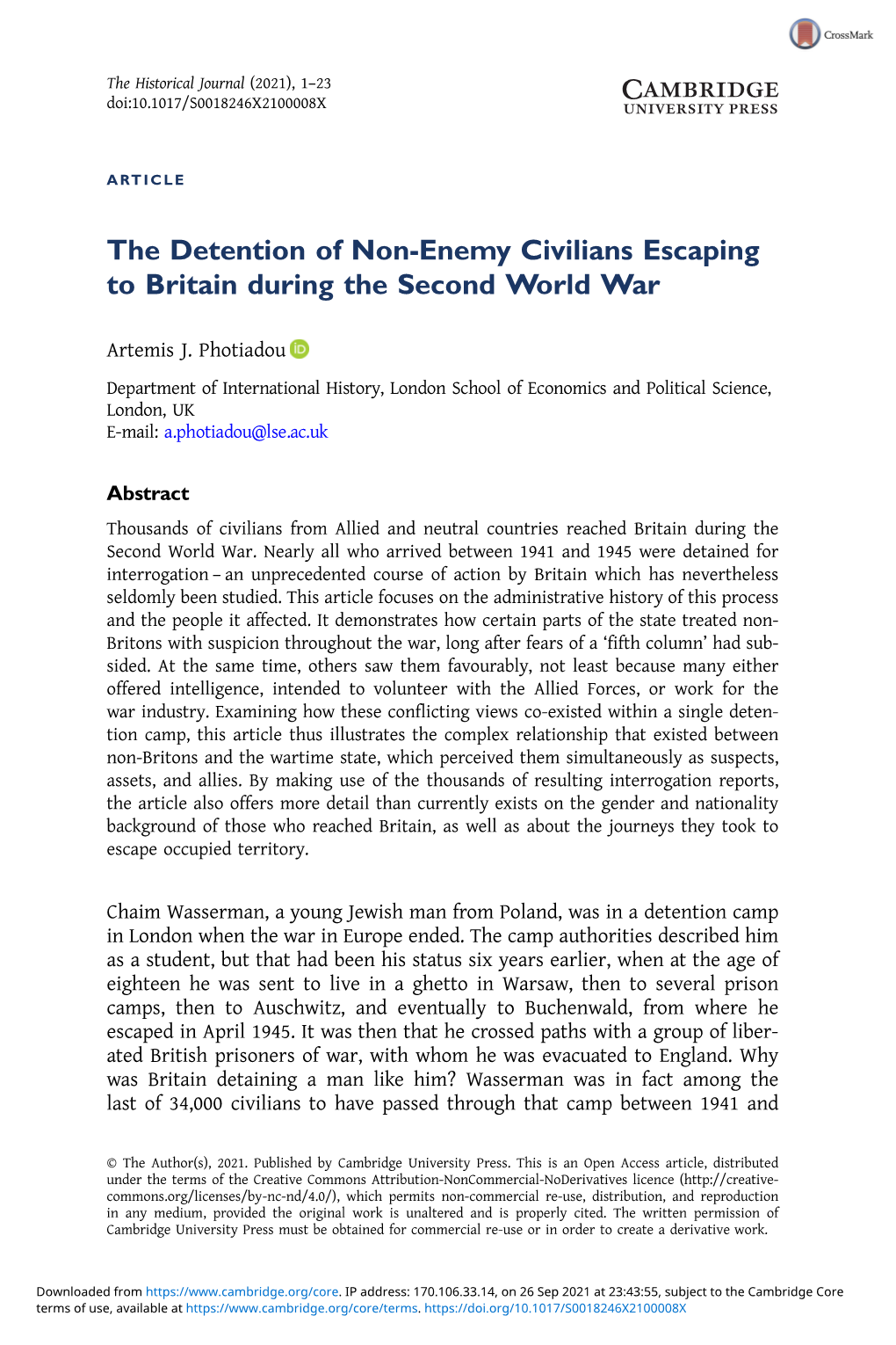 The Detention of Non-Enemy Civilians Escaping to Britain During the Second World War