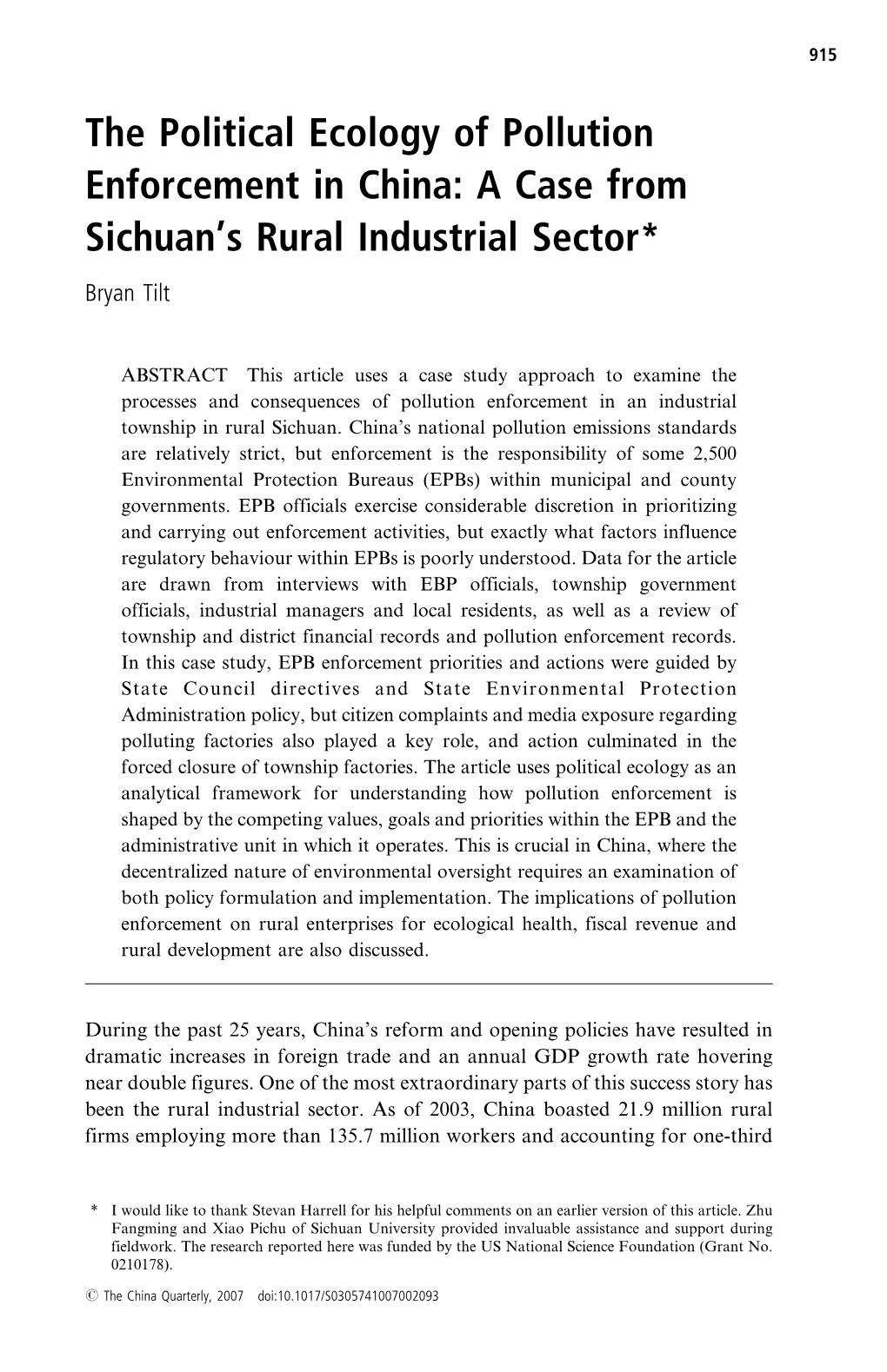 The Political Ecology of Pollution Enforcement in China: a Case from Sichuan's Rural Industrial Sector*