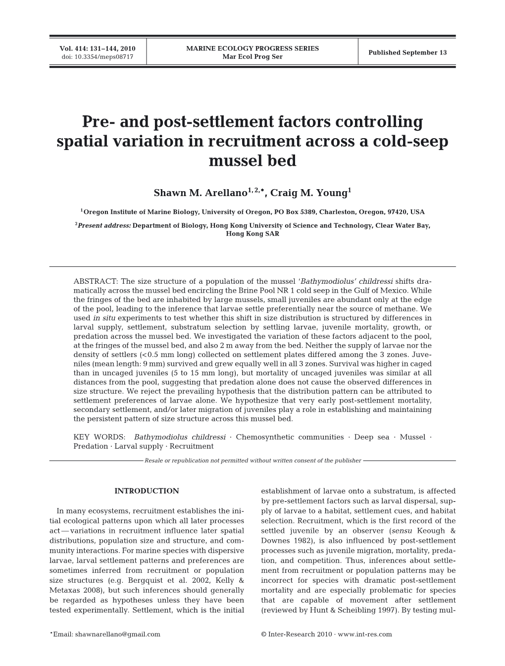 Pre-And Post-Settlement Factors Controlling Spatial Variation In
