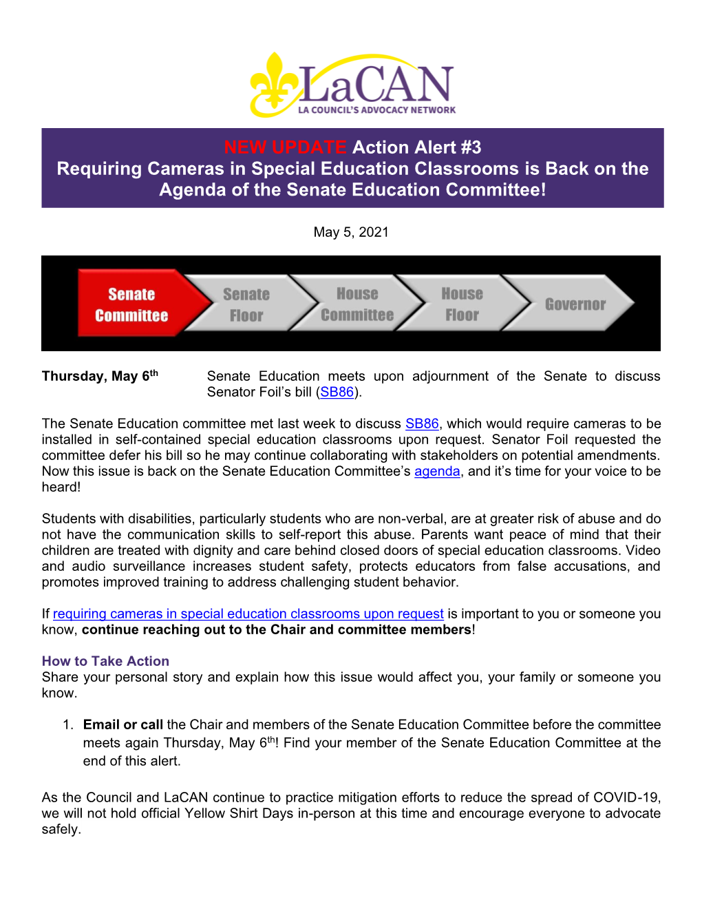 NEW UPDATE Action Alert #3 Requiring Cameras in Special Education Classrooms Is Back on the Agenda of the Senate Education Committee!