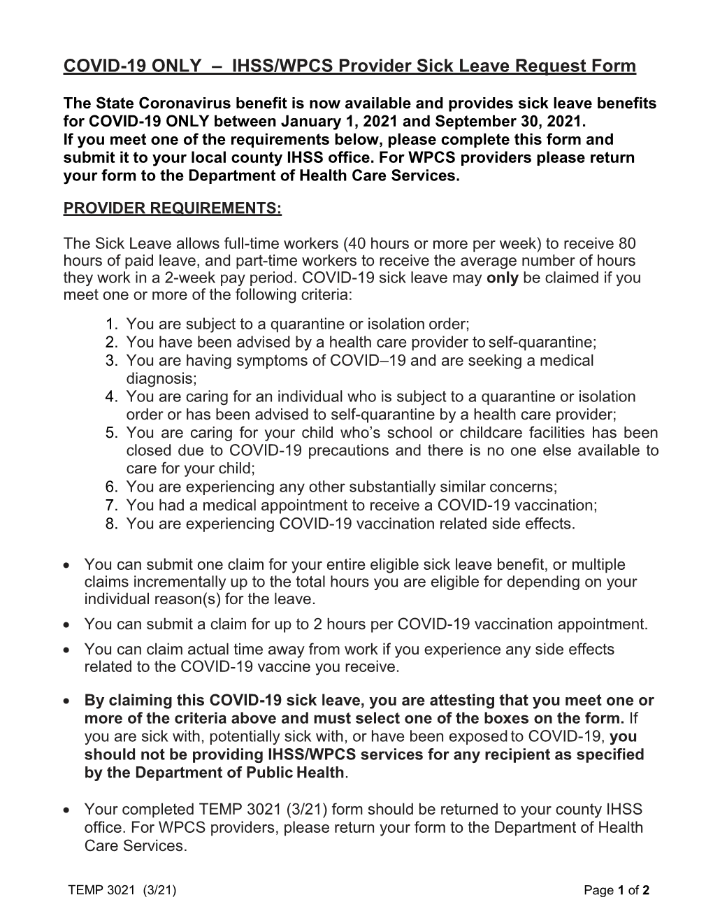 COVID-19 ONLY – IHSS/WPCS Provider Sick Leave Request Form