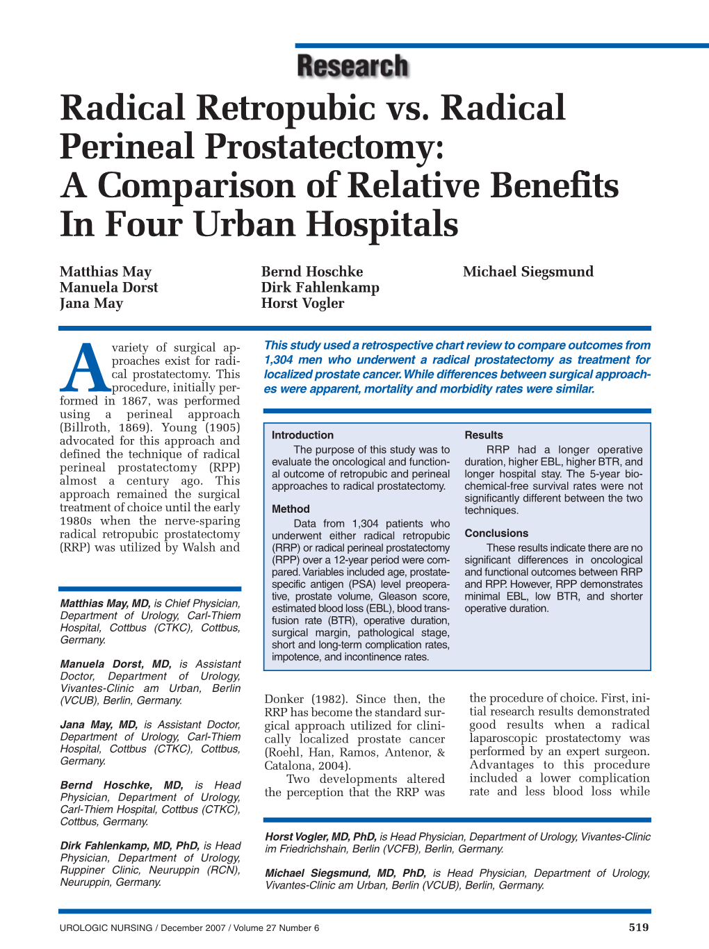 Radical Retropubic Vs. Radical Perineal Prostatectomy: a Comparison of Relative Benefits in Four Urban Hospitals