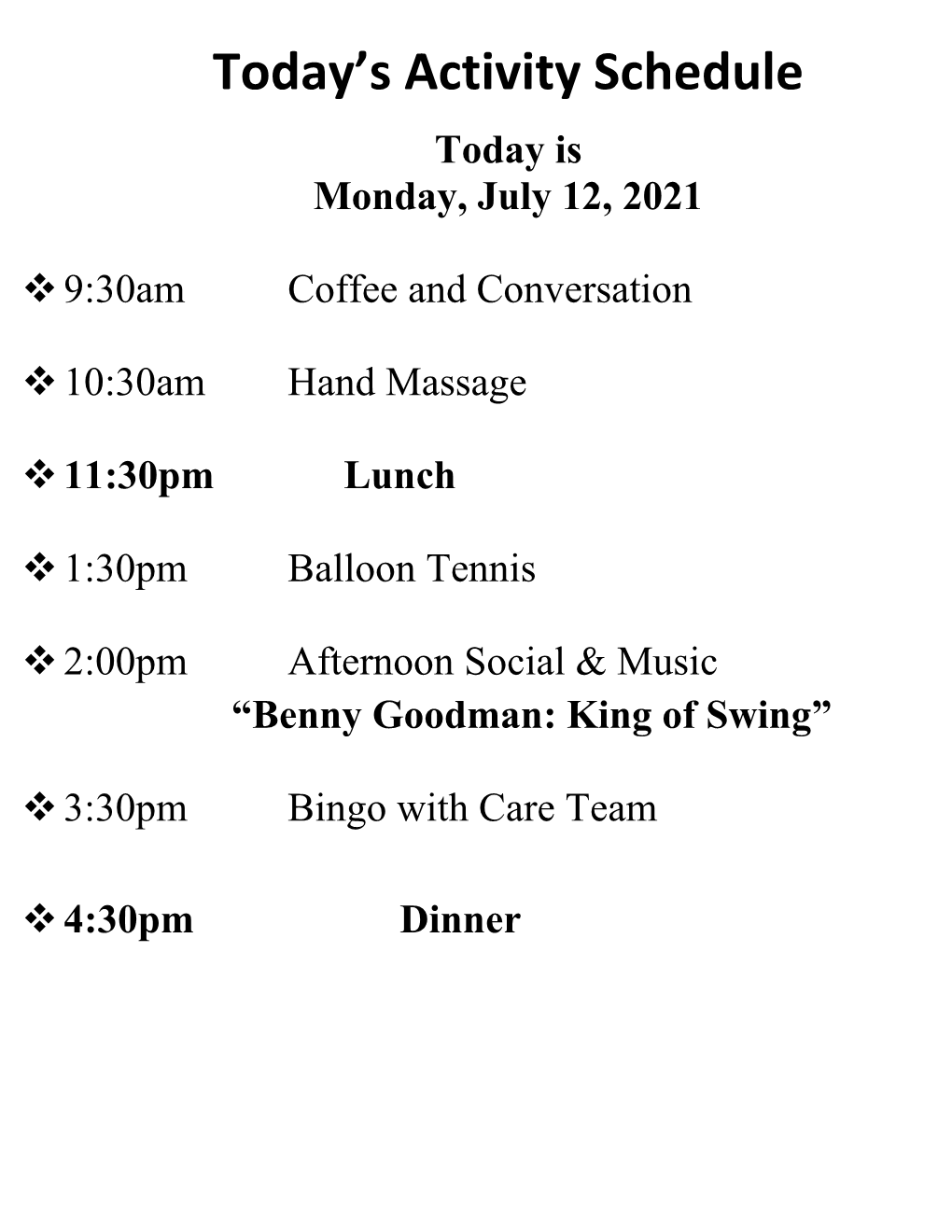 Today's Activity Schedule