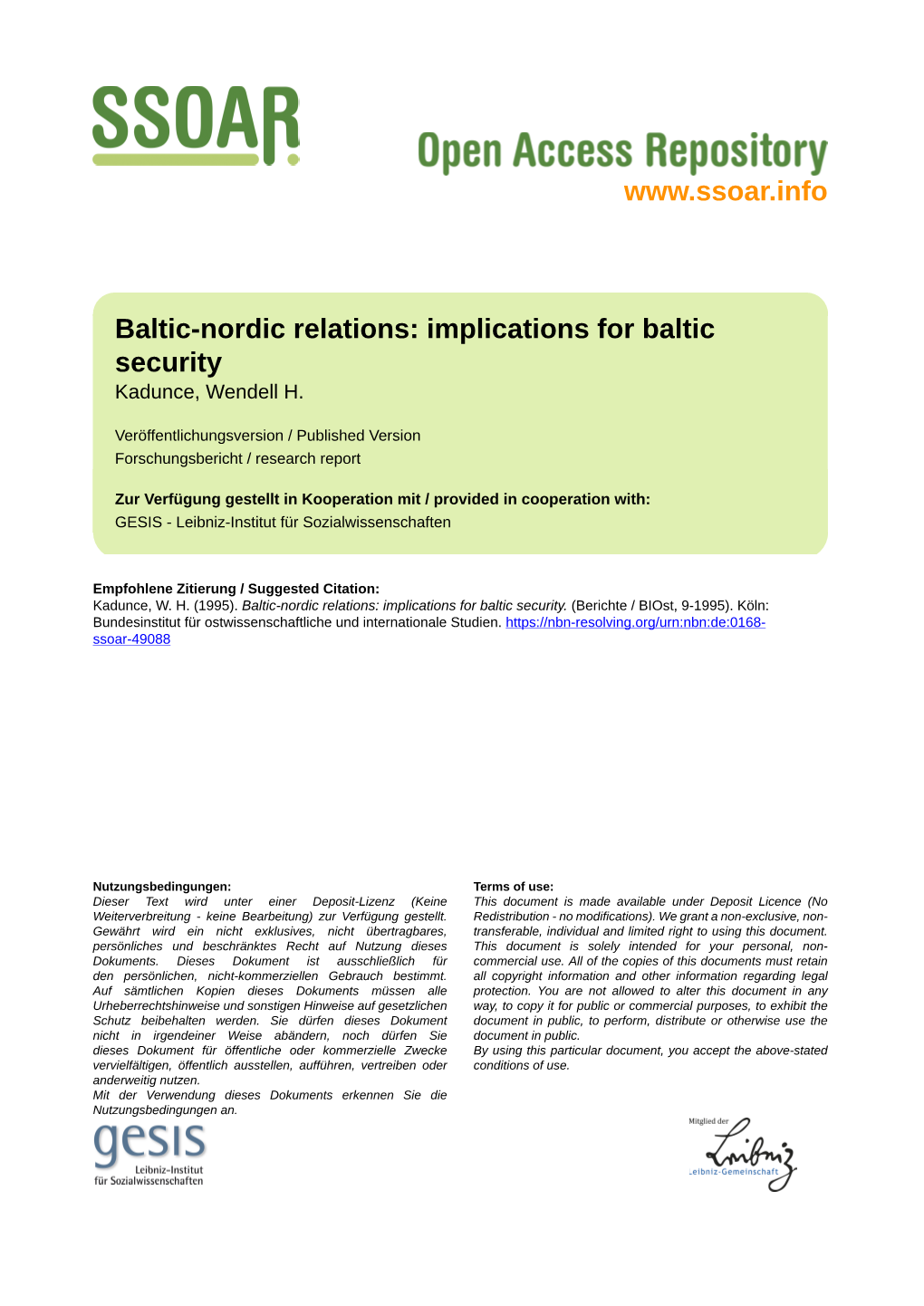 Baltic-Nordic Relations: Implications for Baltic Security Kadunce, Wendell H