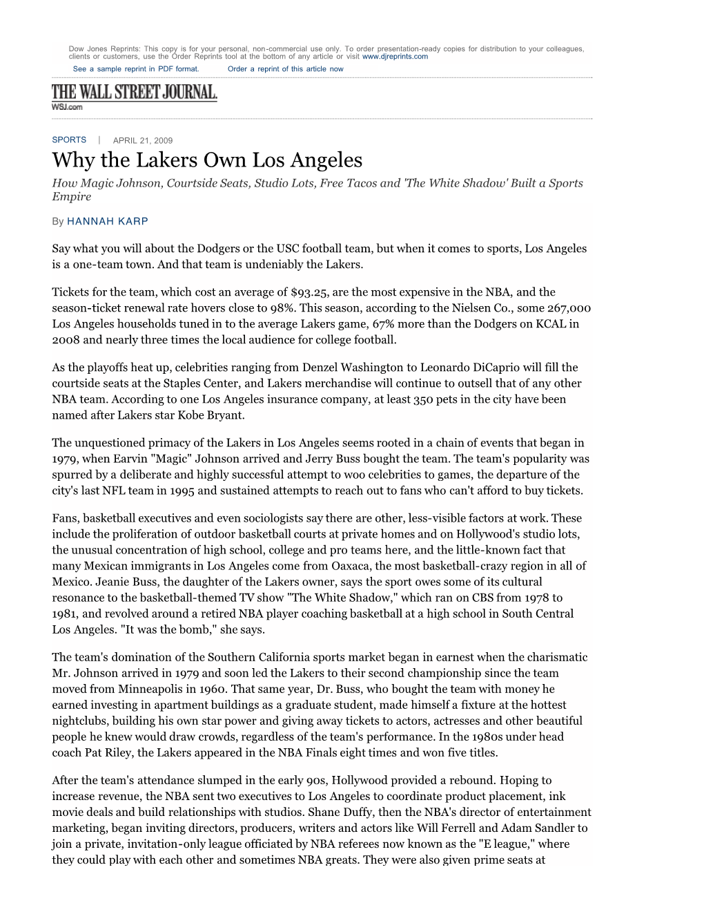 Why the Lakers Own Los Angeles How Magic Johnson, Courtside Seats, Studio Lots, Free Tacos and 'The White Shadow' Built a Sports Empire