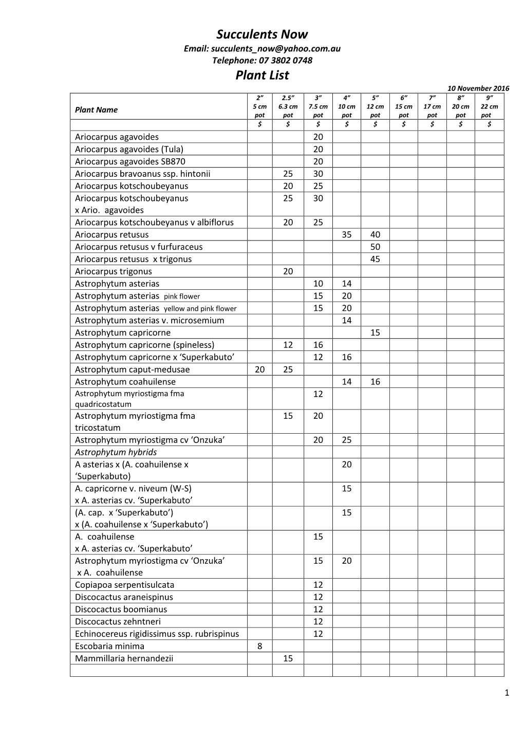 Succulents Now Plant List