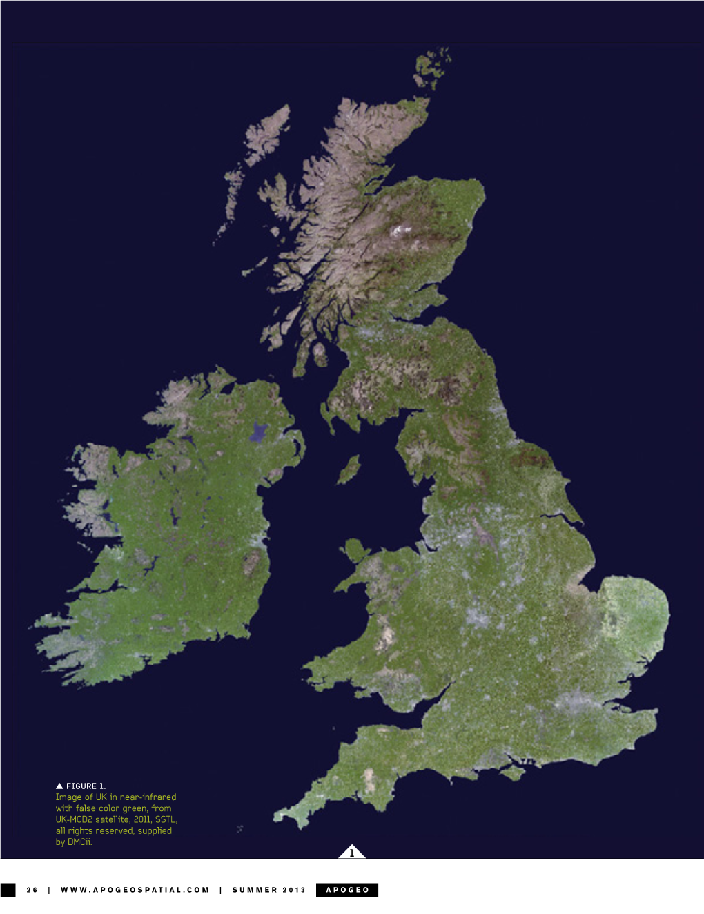 Image of UK in Near-Infrared with False Color Green, from UK-MCD2 Satellite, 2011, SSTL, All Rights Reserved, Supplied by Dmcii