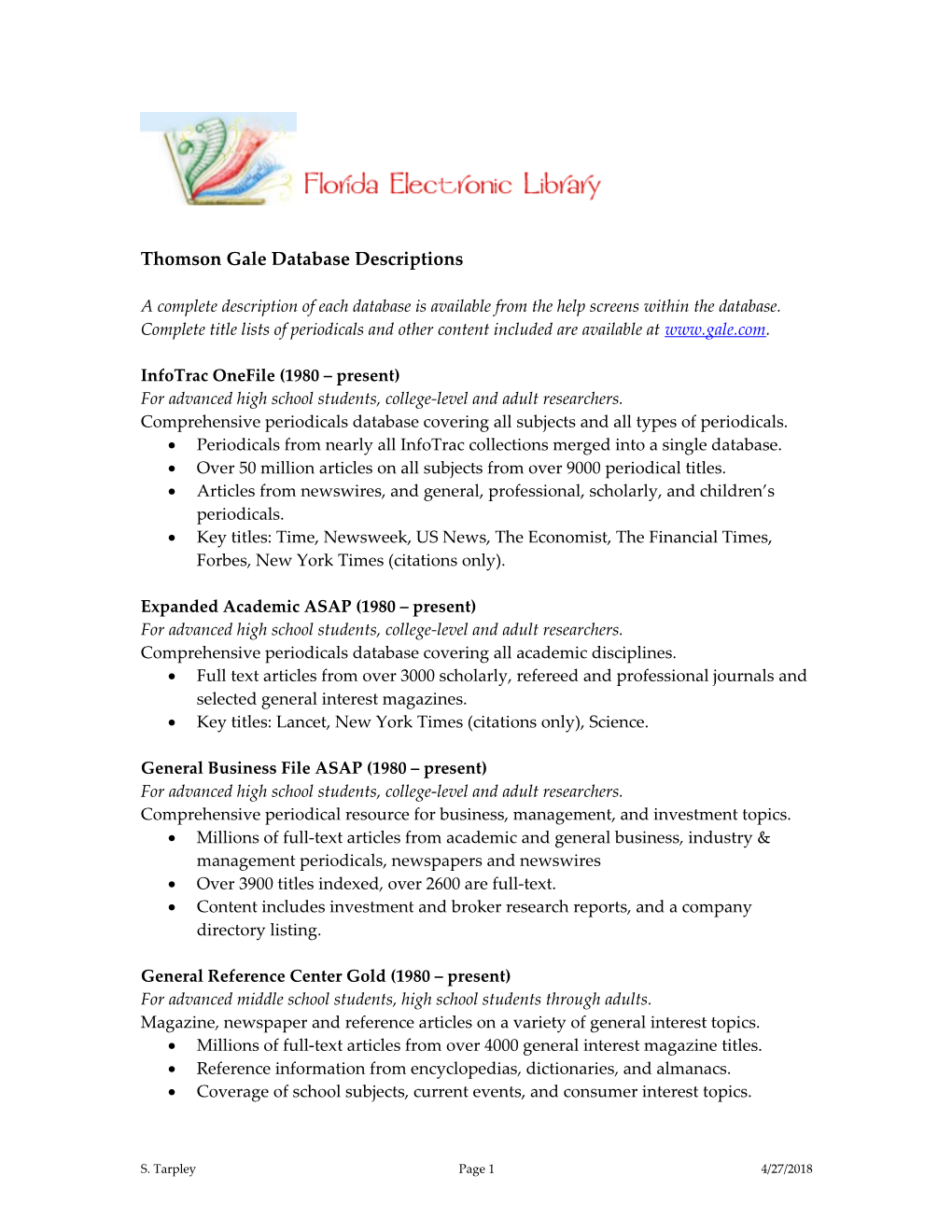 Thomson Gale Database Descriptions