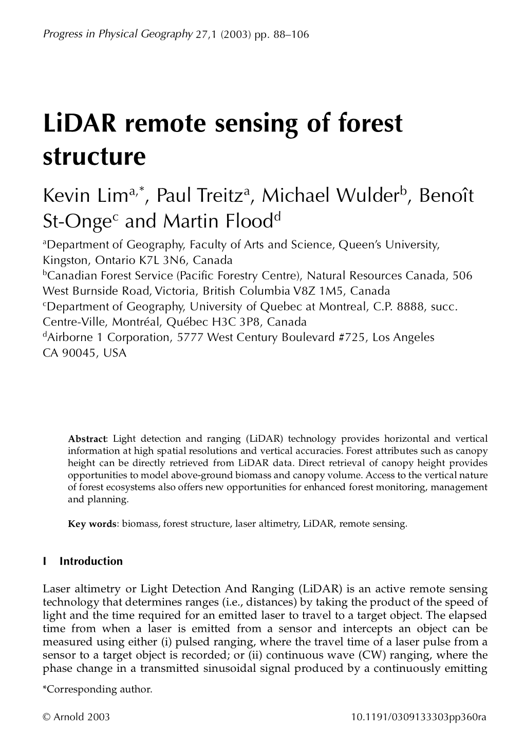 Lidar Remote Sensing of Forest Structure