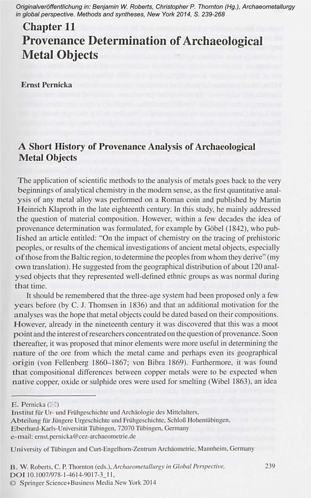 Provenance Determination of Archaeological Metal Objects