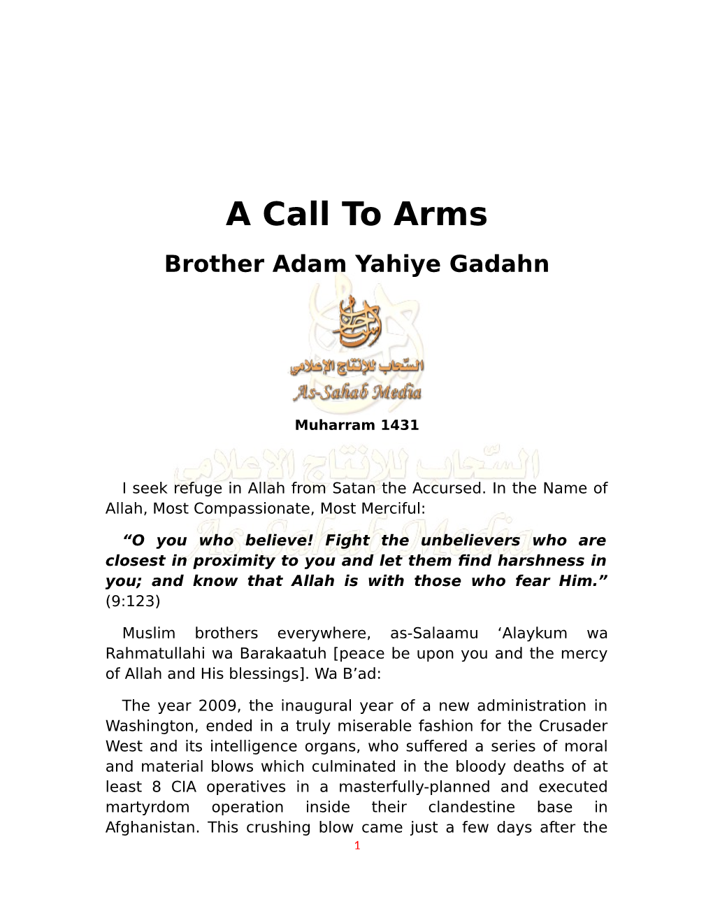 A Call to Arms Brother Adam Yahiye Gadahn