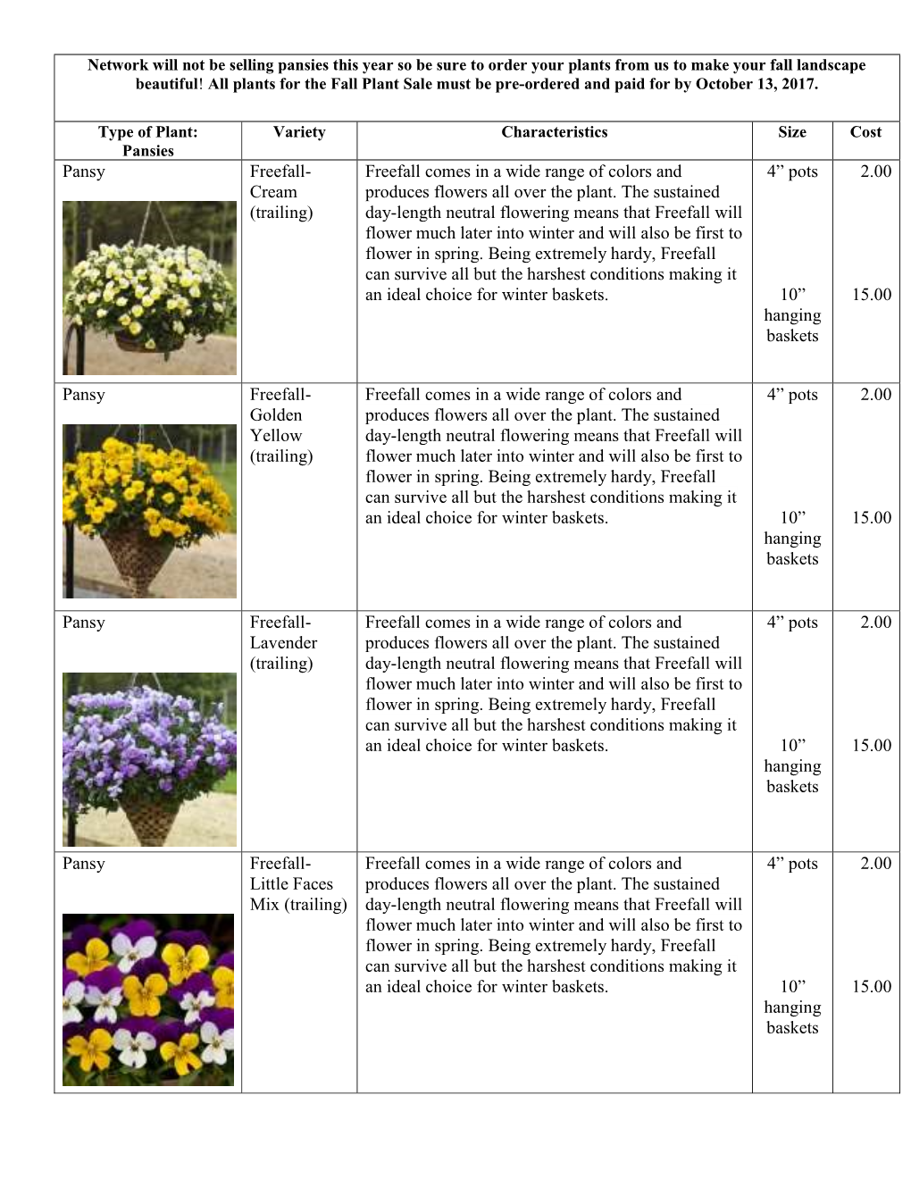 Pansy Freefall- Freefall Comes in a Wide Range of Colors and 4” Pots 2.00 Cream Produces Flowers All Over the Plant