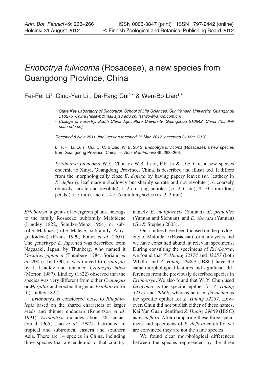 Eriobotrya Fulvicoma (Rosaceae), a New Species from Guangdong Province, China