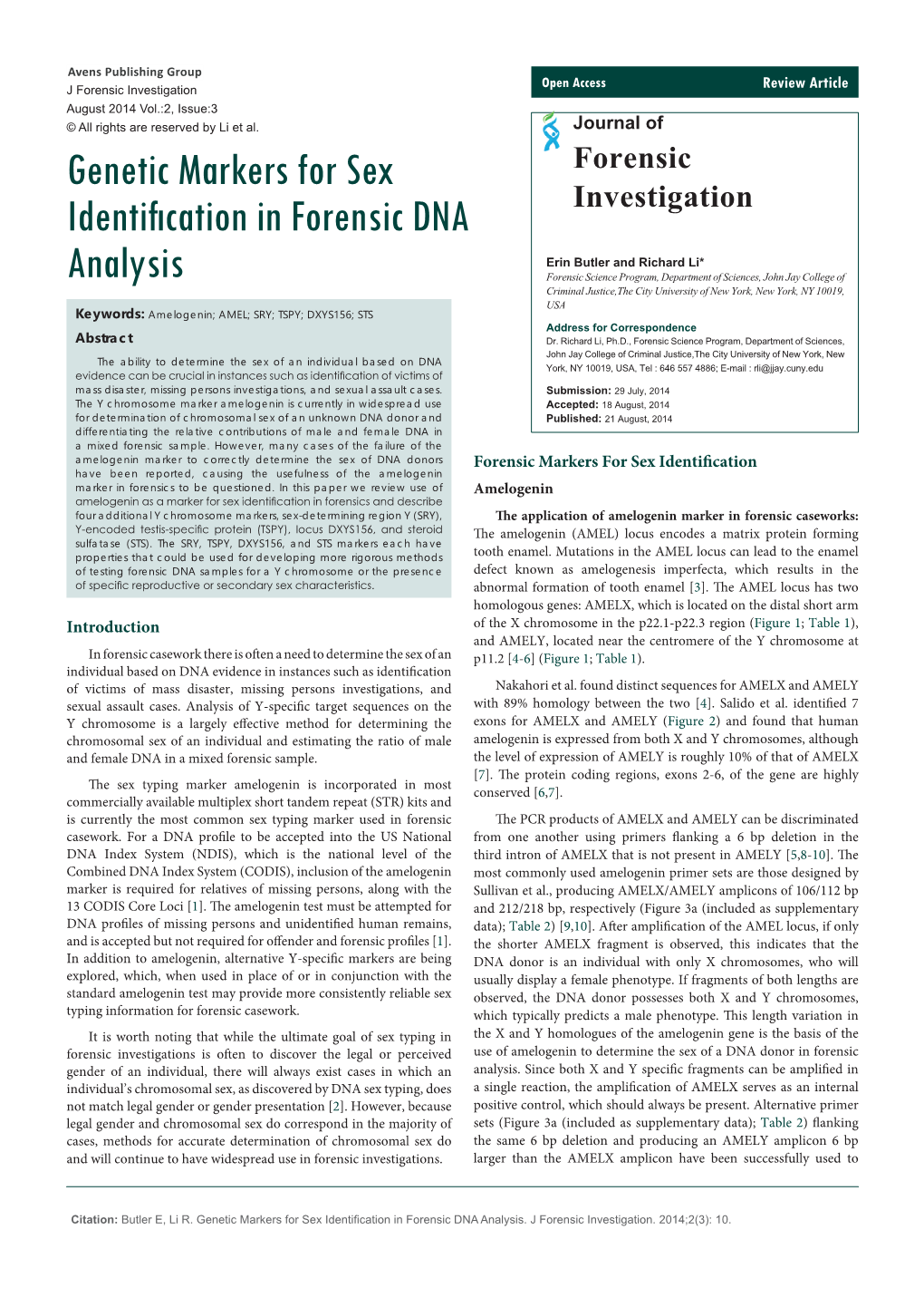 Genetic Markers for Sex Identification in Forensic DNA Analysis