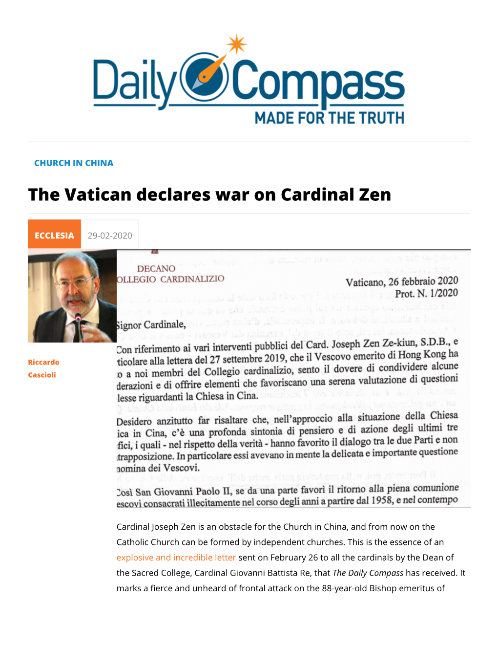 The Vatican Declares War on Cardinal Zen