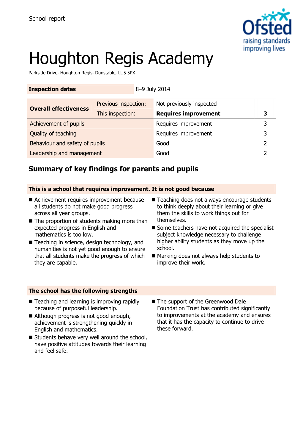 Houghton Regis Academy Parkside Drive, Houghton Regis, Dunstable, LU5 5PX