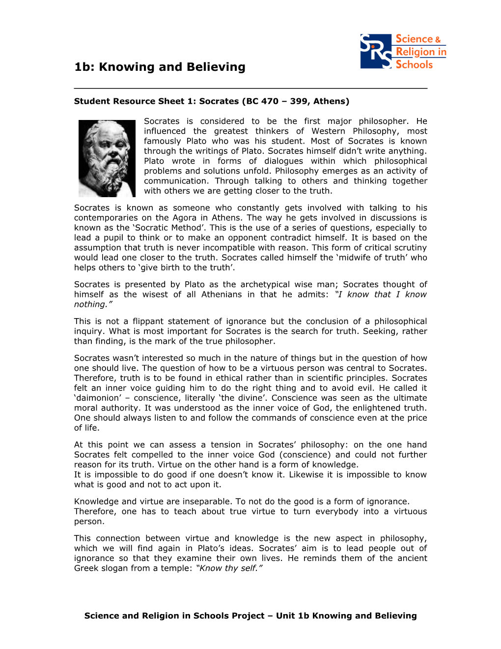 Student Resource Sheet 1: Socrates (BC 470 399, Athens)