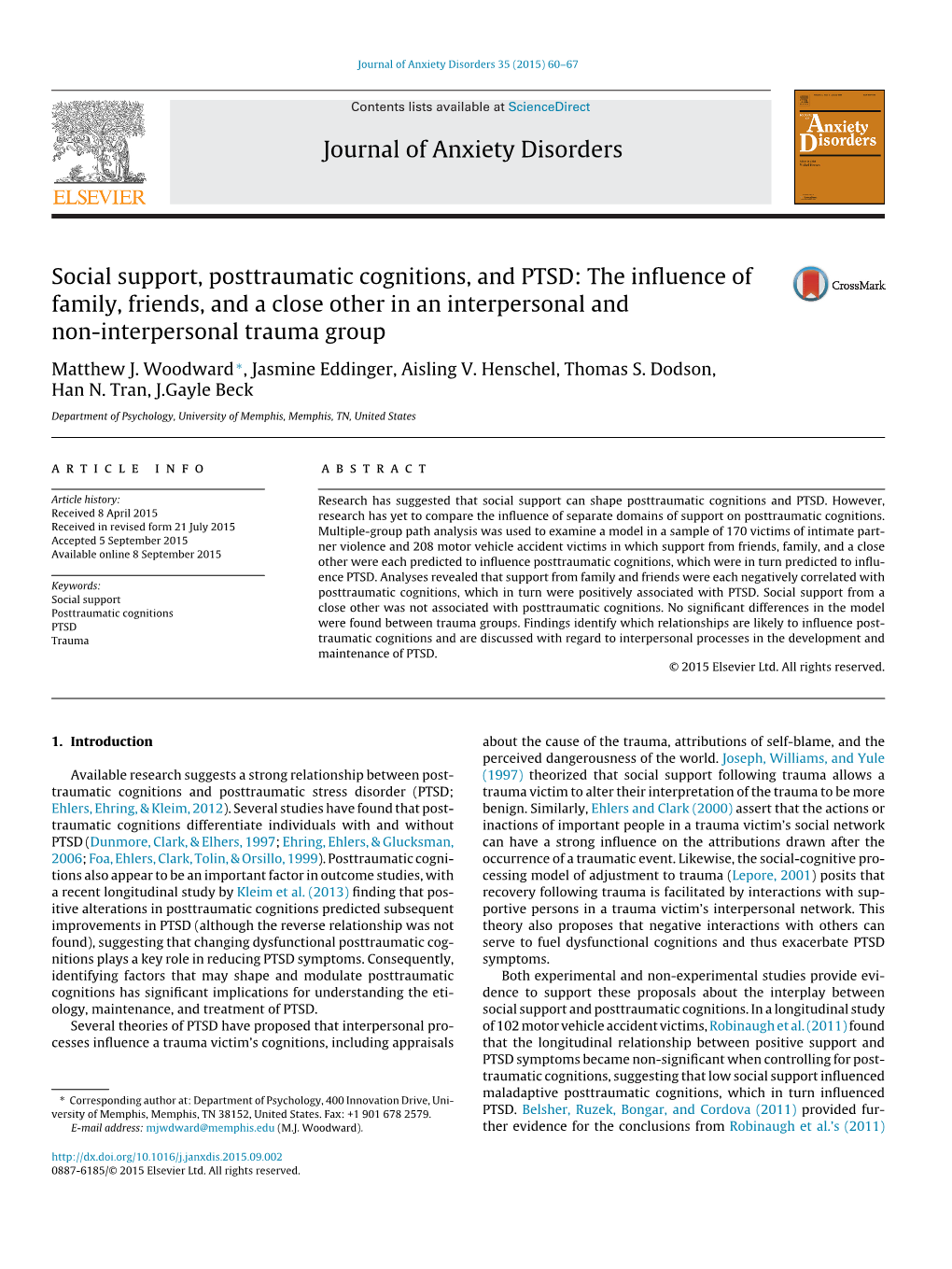 Social Support, Posttraumatic Cognitions, and PTSD: the Inﬂuence Of